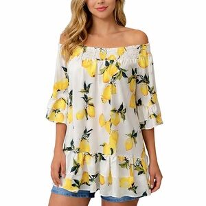 Off the Shoulder Lemon Print Top Yellow Green White Ruffled Bottom, Size M